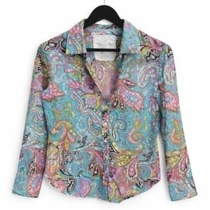 Cino Blue Paisley Floral Boho Button Up Cotton Blouse Sz Med